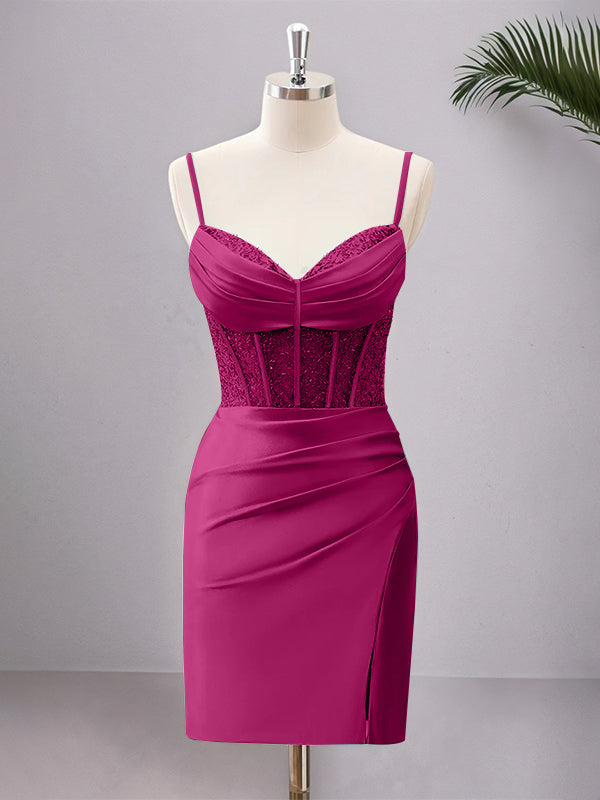 Spaghetti Straps Bodycon Corset Satin Homecoming Dress with Slit