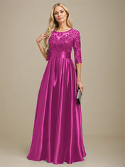 A-line Scoop Illusion Floor-Length Stretch Satin Lace Mother of the Bride Dress With Bow Sequins