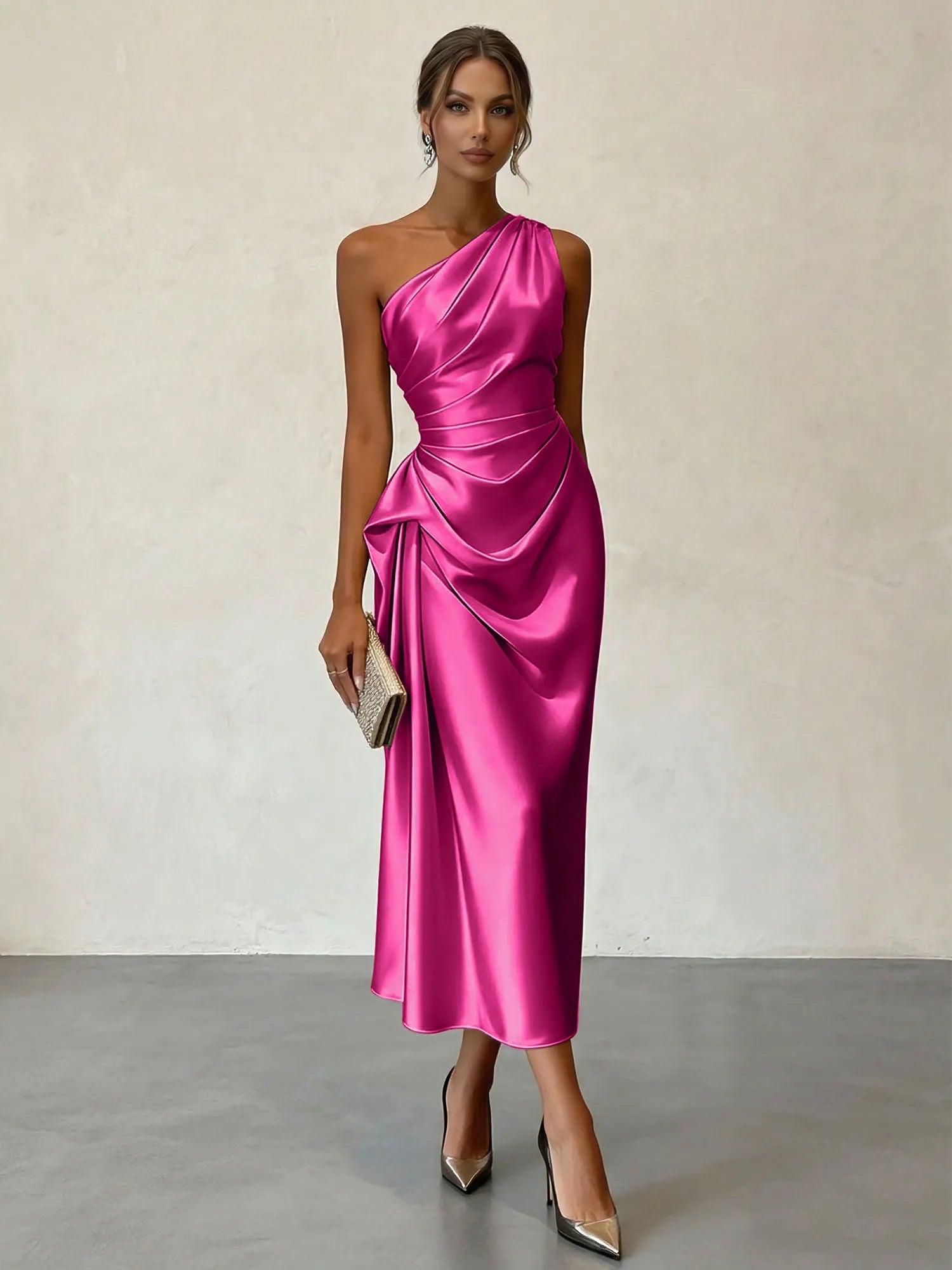 Champagne Ruched Satin One Shoulder Sleeveless Sheath Midi Dress
