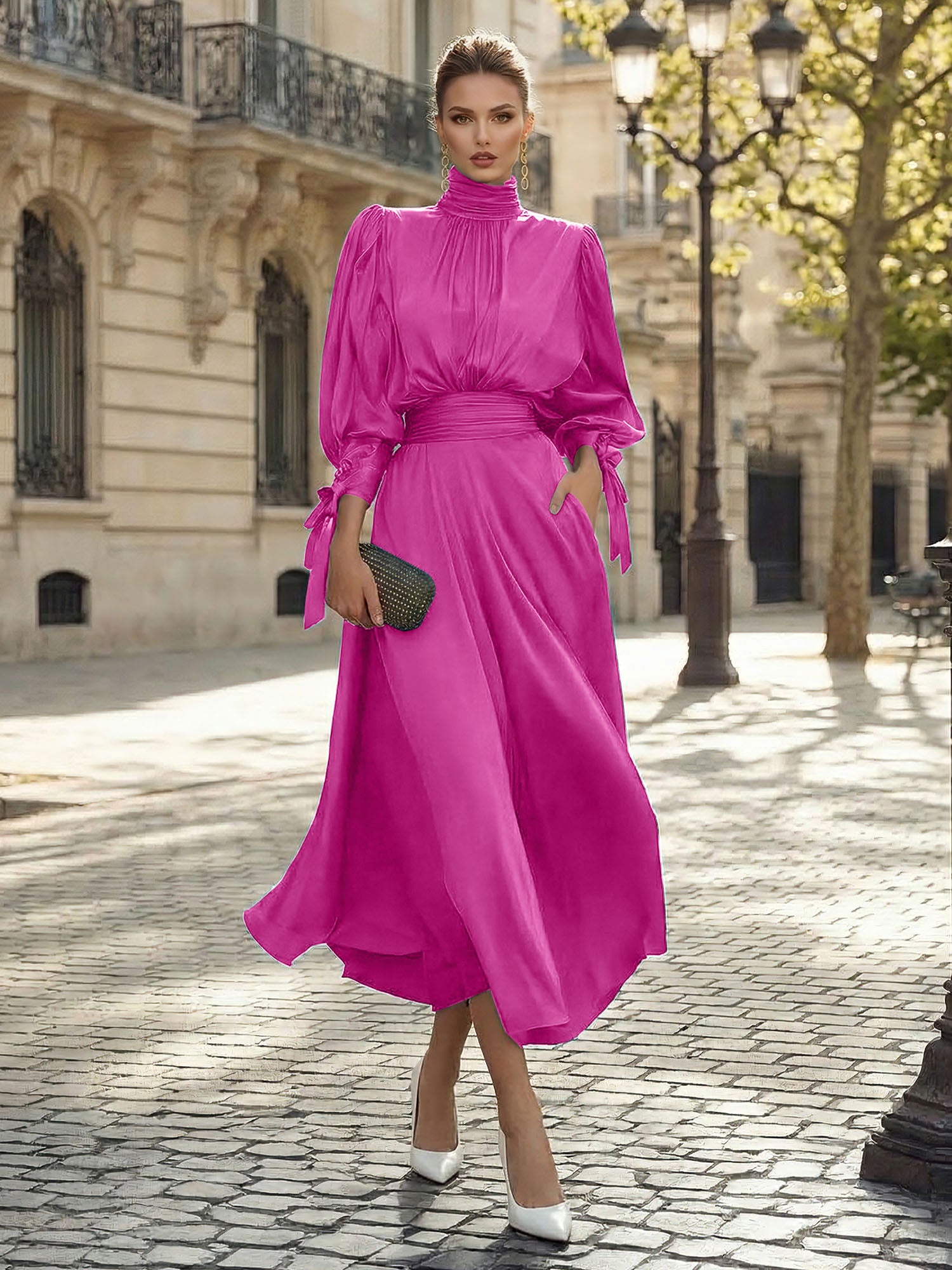 Sophisticated Emerald Green Satin High-Neck Midi Dress Gown