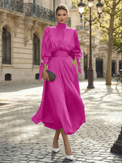 Sophisticated Emerald Green Satin High-Neck Midi Dress Gown