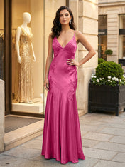 Green Appliques Soft Satin Long Prom Party Dress