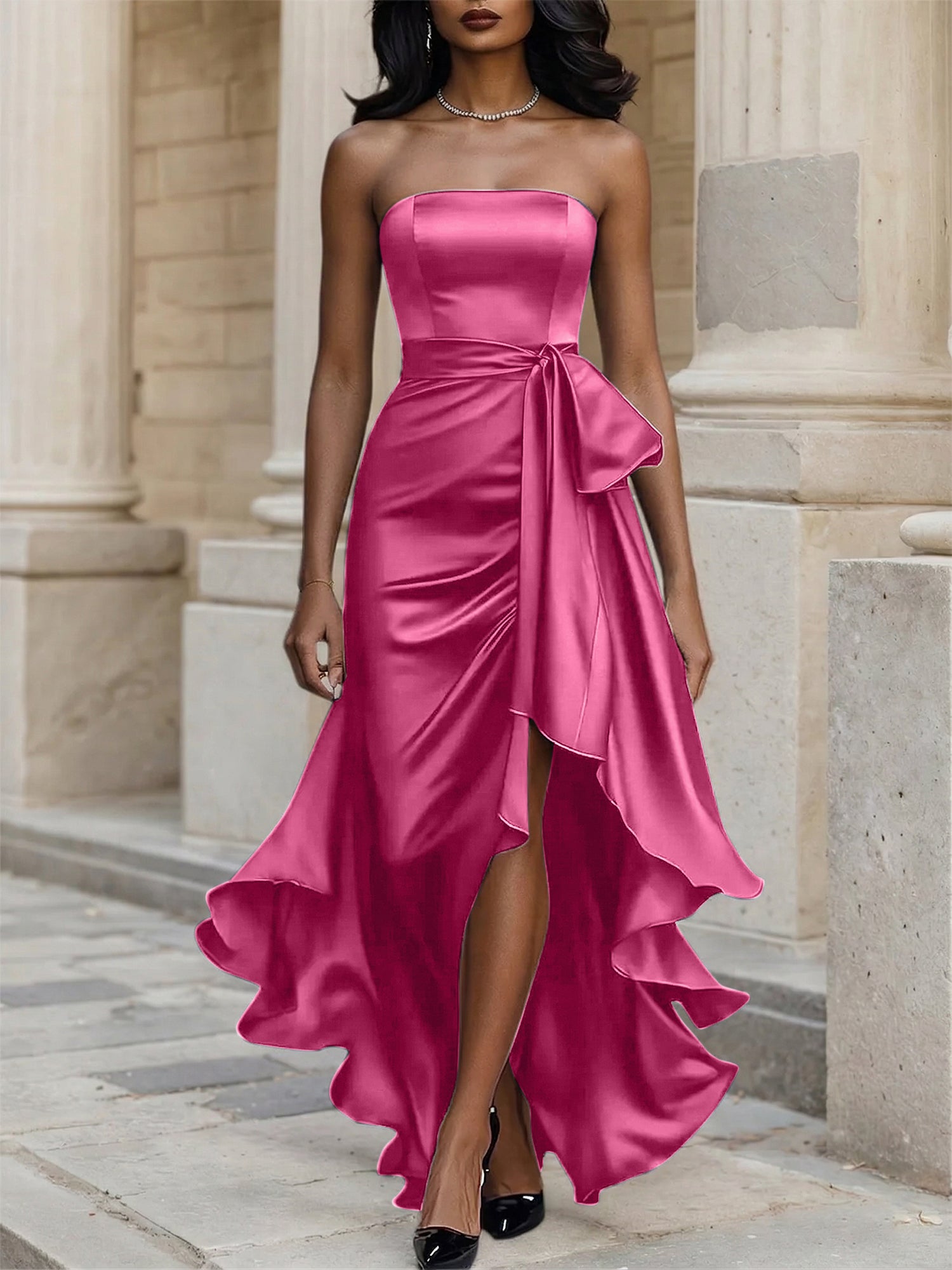 Glamorous Formal Dress Midnight Navy Strapless Satin Gown Midi Dress