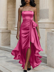 Glamorous Formal Dress Midnight Navy Strapless Satin Gown Midi Dress