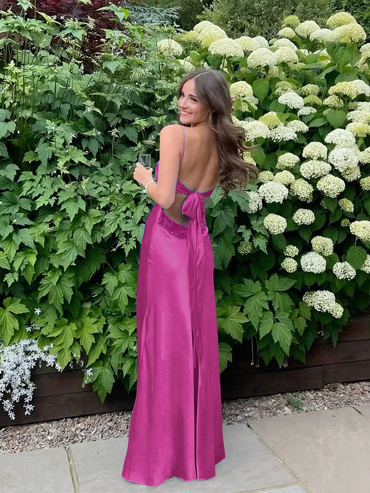 Blue A Line V-neck Beaded Back Tie Long Prom Dress