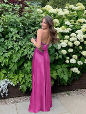 Blue A Line V-neck Beaded Back Tie Long Prom Dress