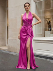 Navy Blue Halter V-Neck Satin Gown with Side Knot and High Slit Evening Dress