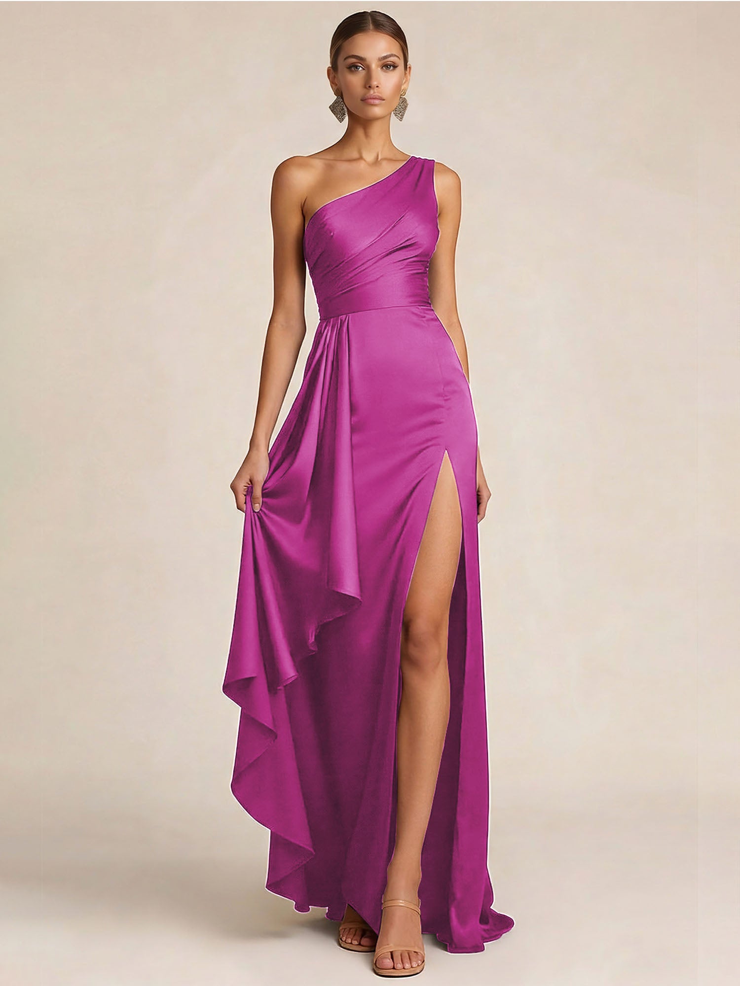 Sleek Foraml Evening Gown Midnight Navy One-Shoulder Satin Slit Maxi Dress