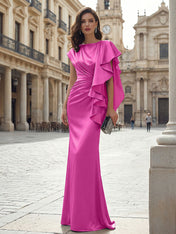 Elegant Formal Evening Dress Moonlight Silver Asymmetrical Ruffle Satin Gown