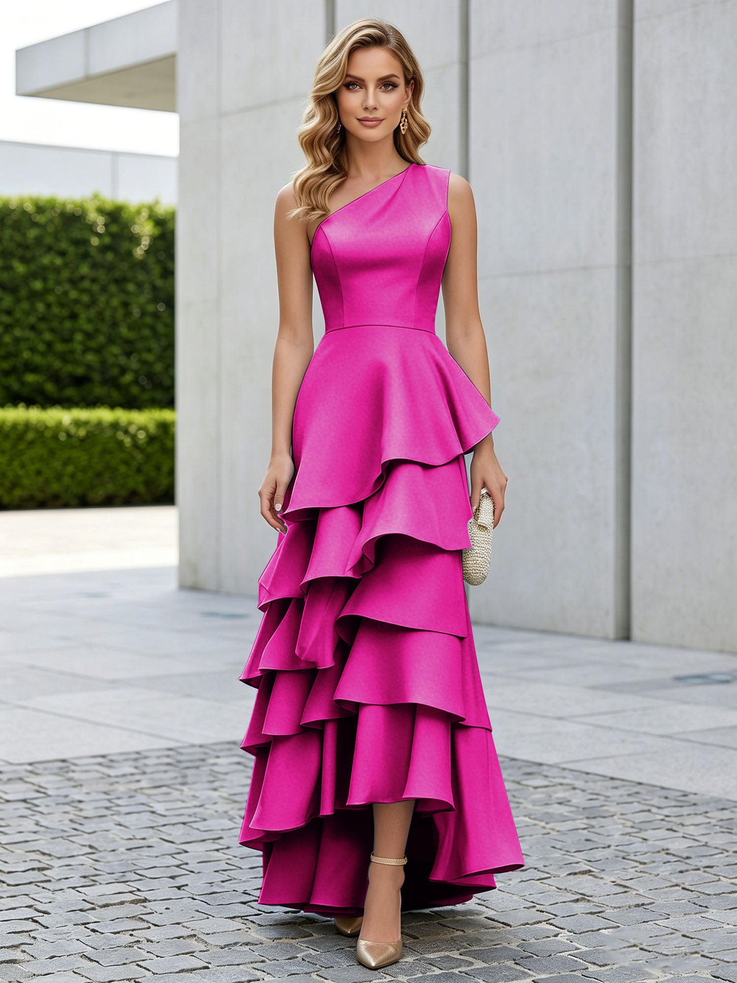 One Shoulder Tiered Ruffle Satin Mermaid Evening Gown with Sculptural Layers