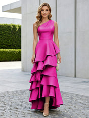 One Shoulder Tiered Ruffle Satin Mermaid Evening Gown with Sculptural Layers