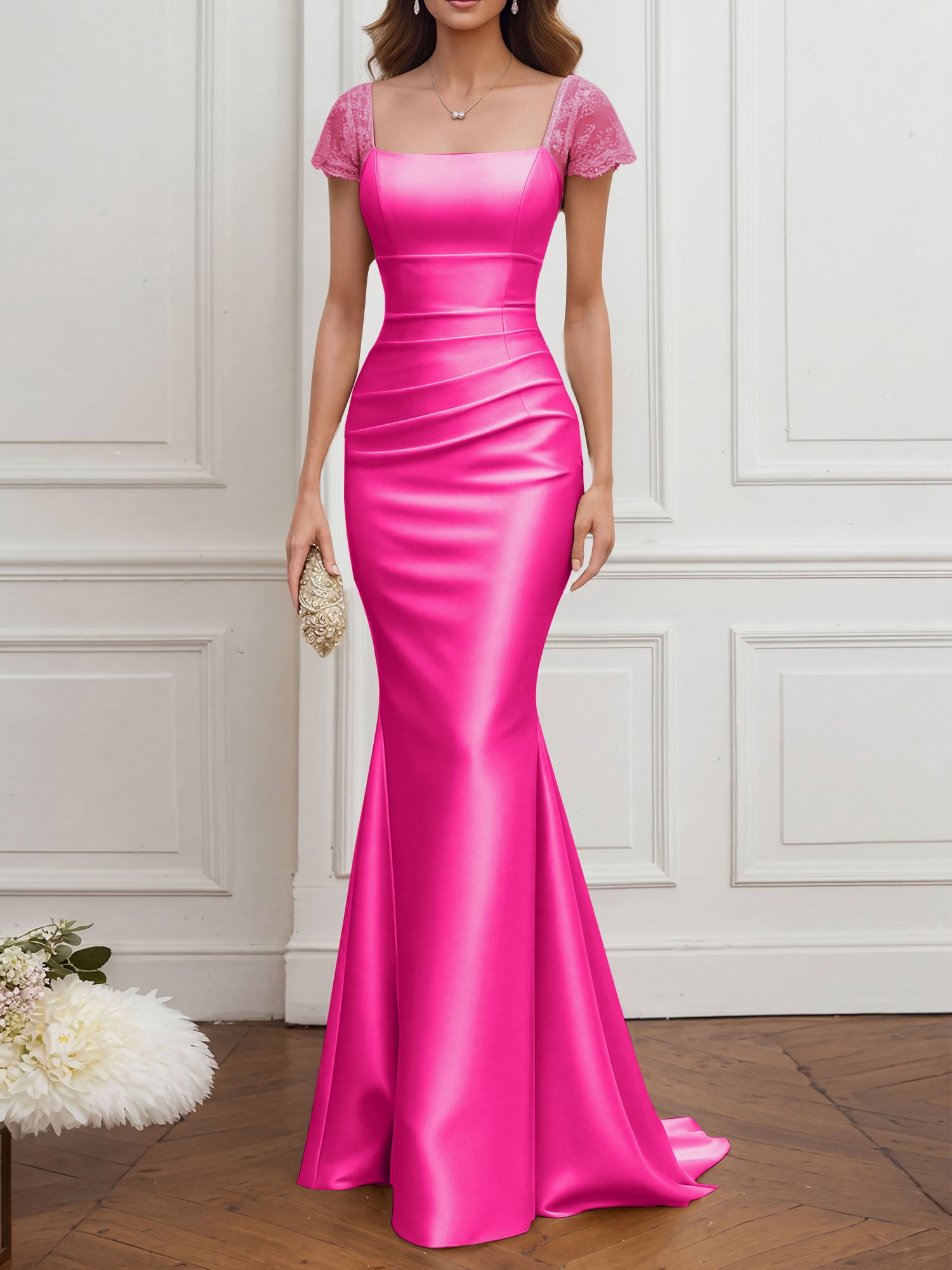 Mother of the Bride Dress Champagne Satin Square Neck Maxi Dress