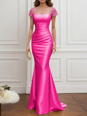 Mother of the Bride Dress Champagne Satin Square Neck Maxi Dress