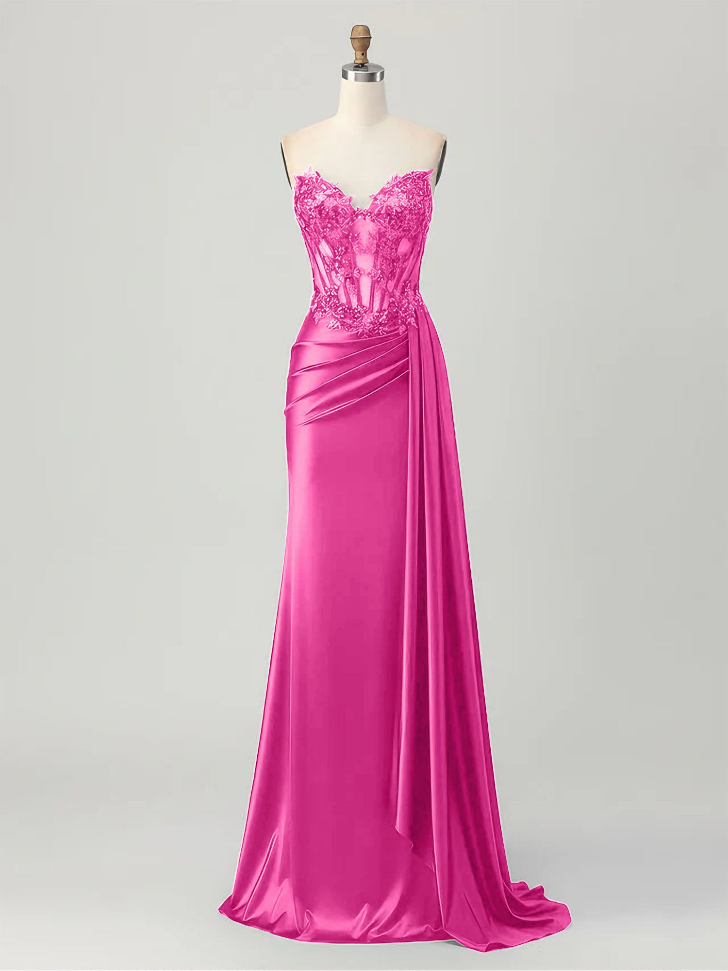 Strapless Illusion Bodice Prom Dress with Satin Skirt