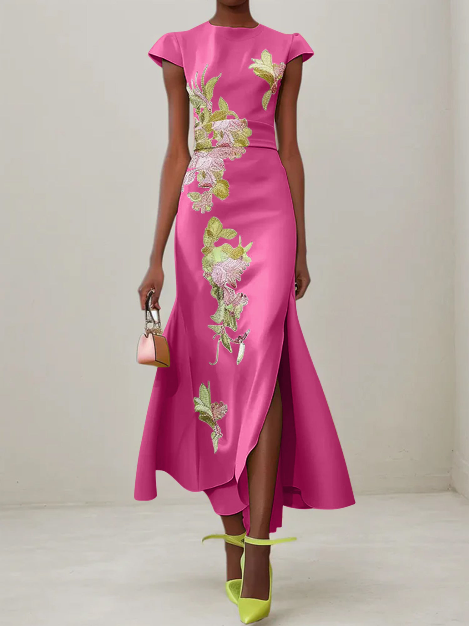 Green Floral Embroidered Cap Sleeve Slit Sheath Maxi Dress