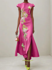 Green Floral Embroidered Cap Sleeve Slit Sheath Maxi Dress