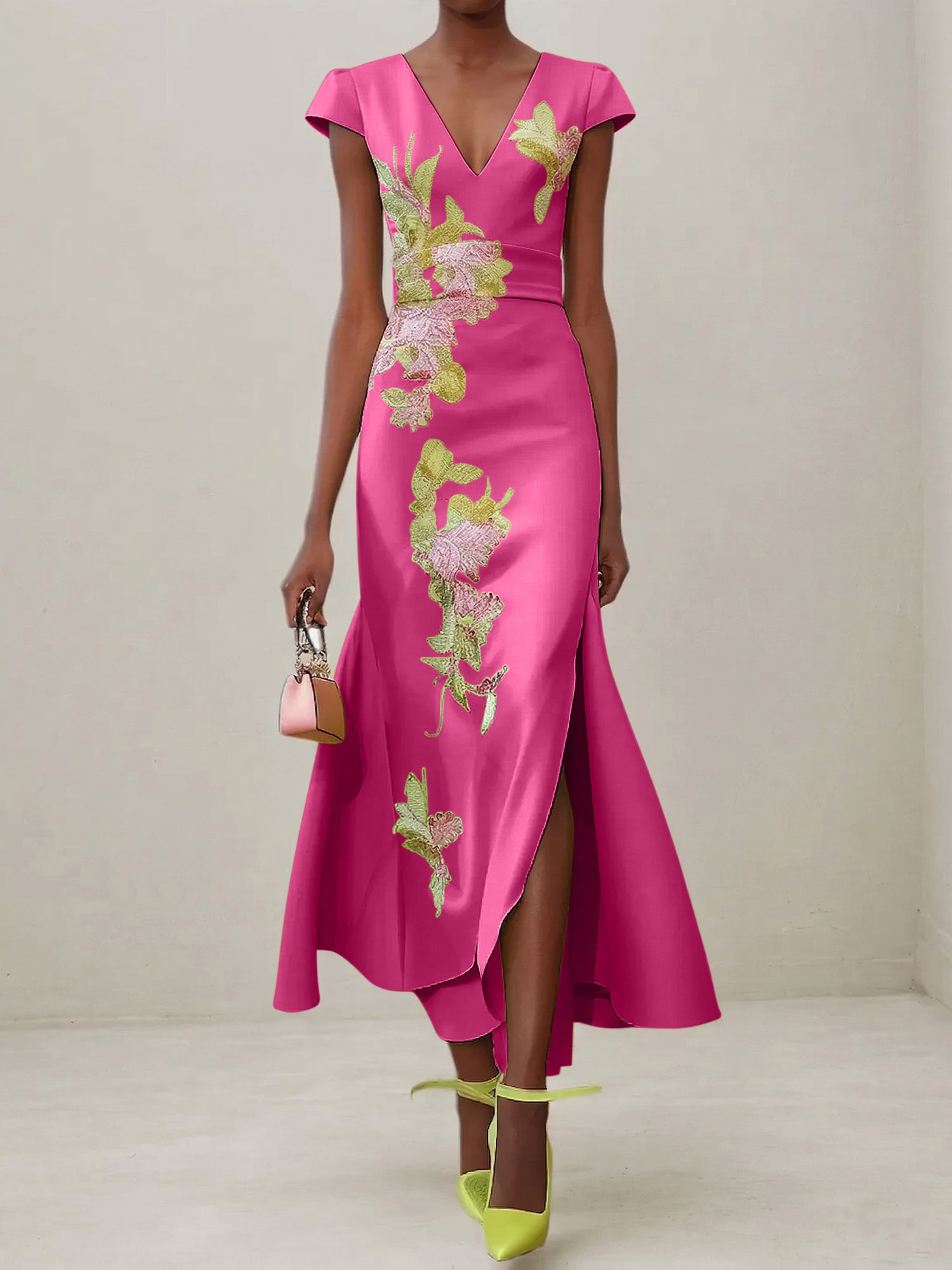 Green Floral V Neck Embroidered Cap Sleeve Slit Sheath Maxi Dress