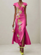 Green Floral V Neck Embroidered Cap Sleeve Slit Sheath Maxi Dress