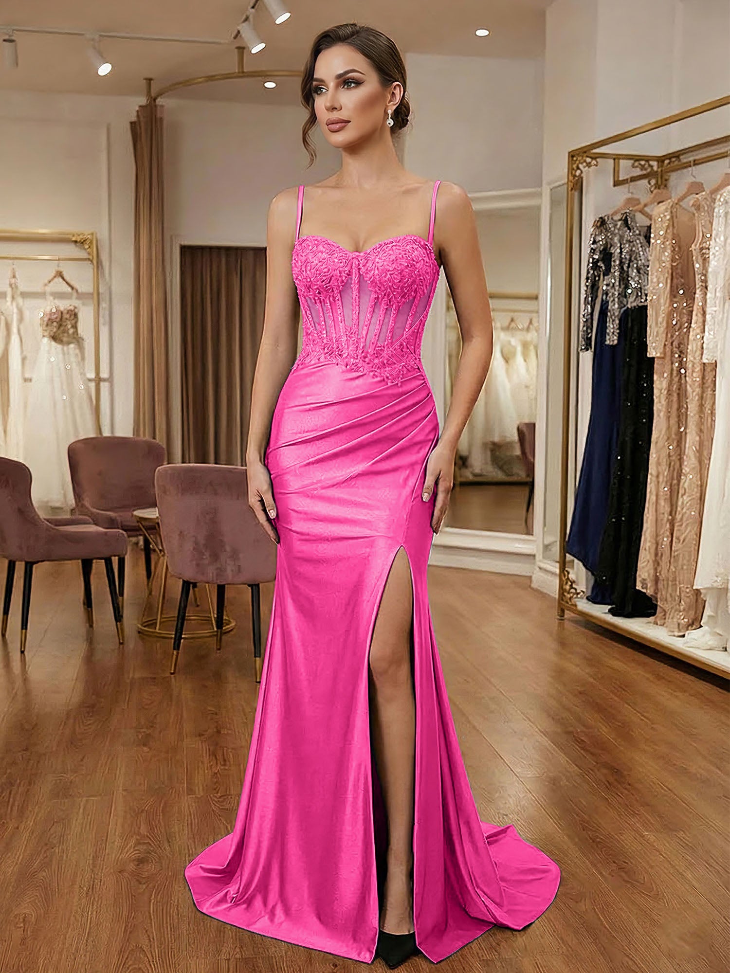 Black Beaded Corset Satin Long Prom Dress with High Slit