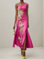 Green Floral One Shoulder Embroidered Cap Sleeve Slit Sheath Maxi Dress