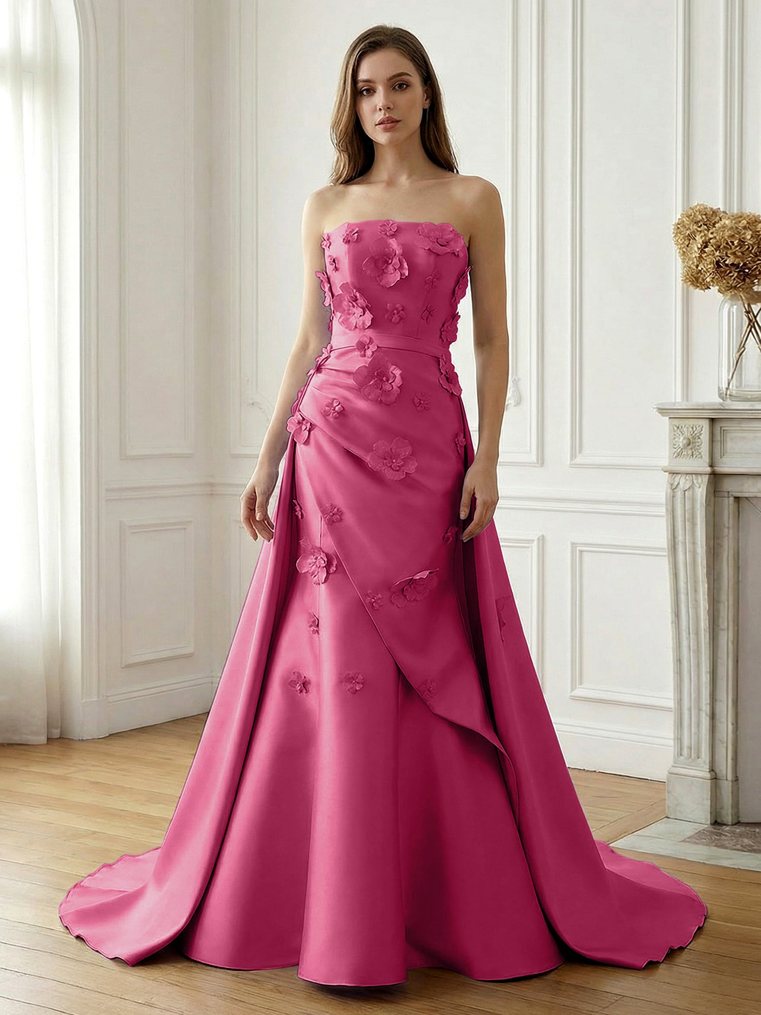 Lavender Satin 3D Floral Strapless A-Line Gown