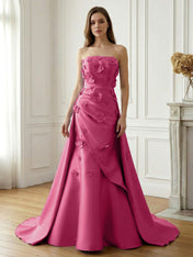 Lavender Satin 3D Floral Strapless A-Line Gown