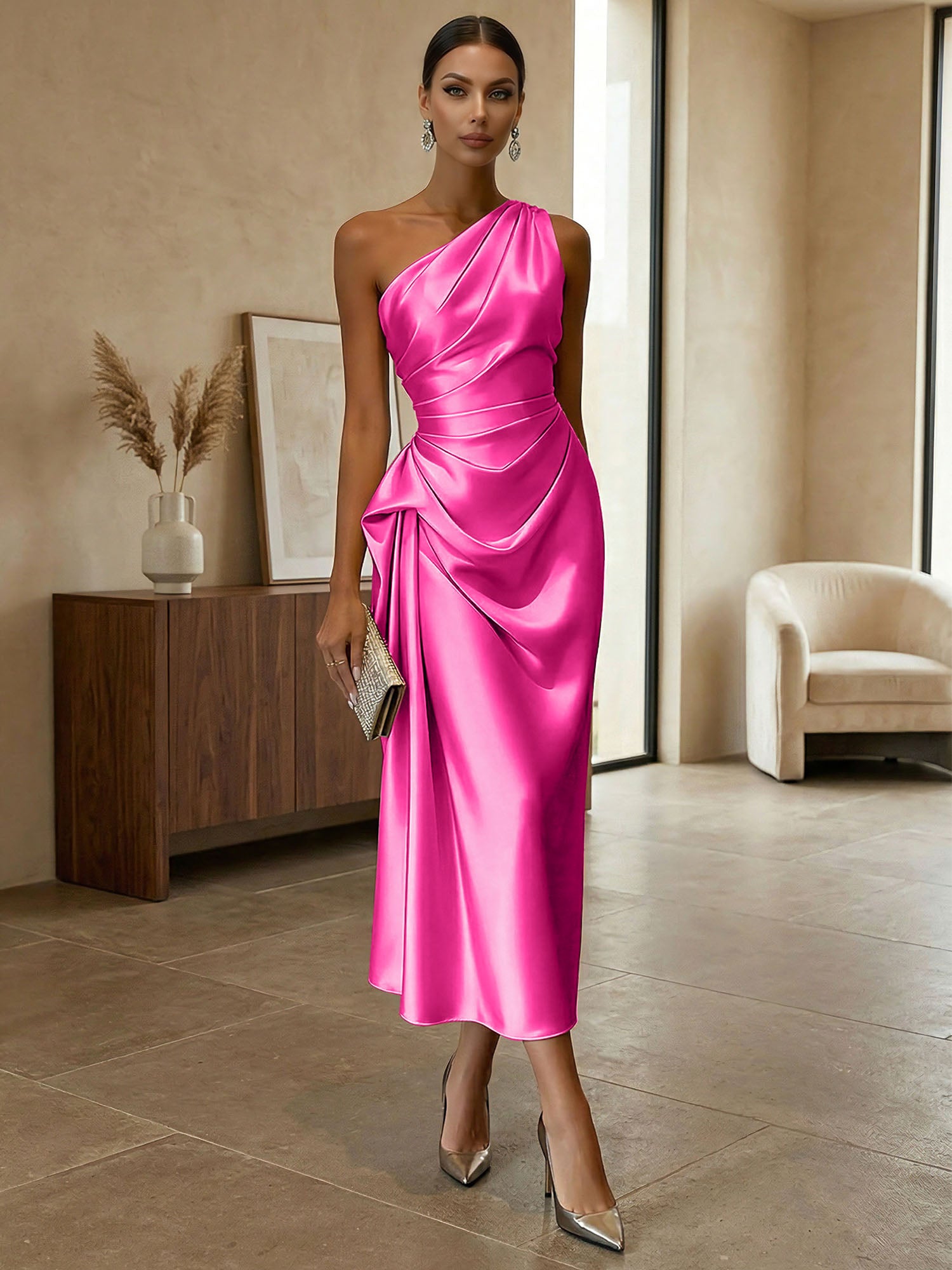 Champagne Ruched Satin One Shoulder Sleeveless Sheath Midi Dress