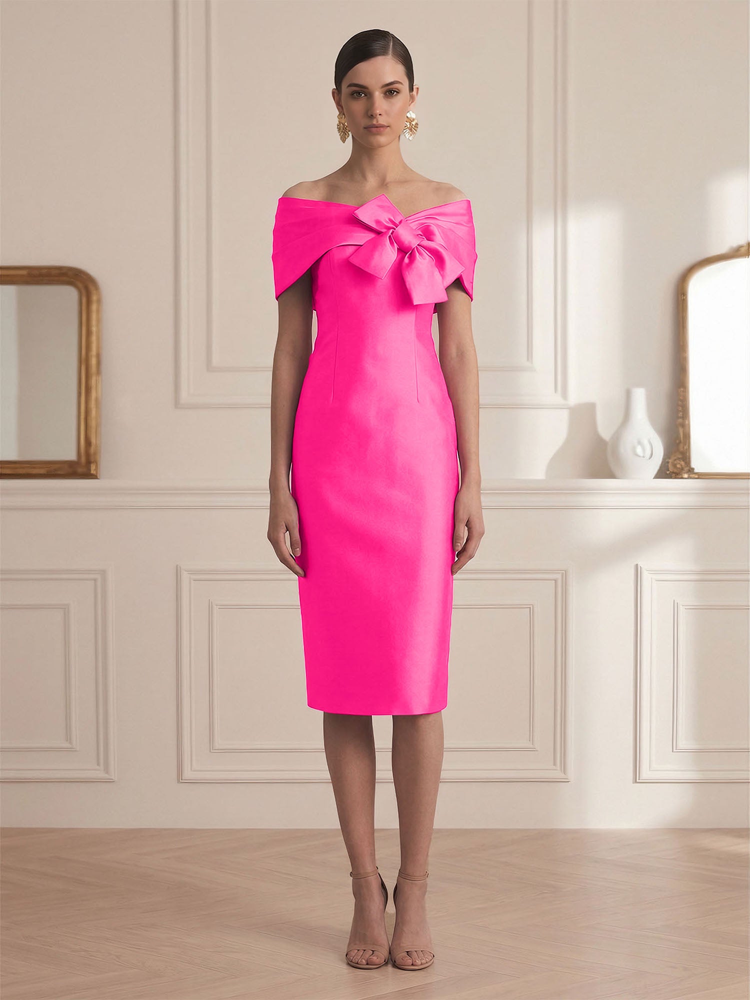 Chic Rose Red Off-the-Shoulder Bow Satin Sheath Midi Dress