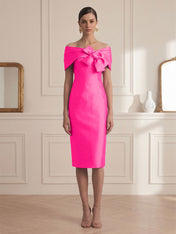 Chic Rose Red Off-the-Shoulder Bow Satin Sheath Midi Dress