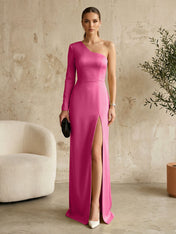 Long Sleeves Black One Shoulder Formal Dress Evening Gown