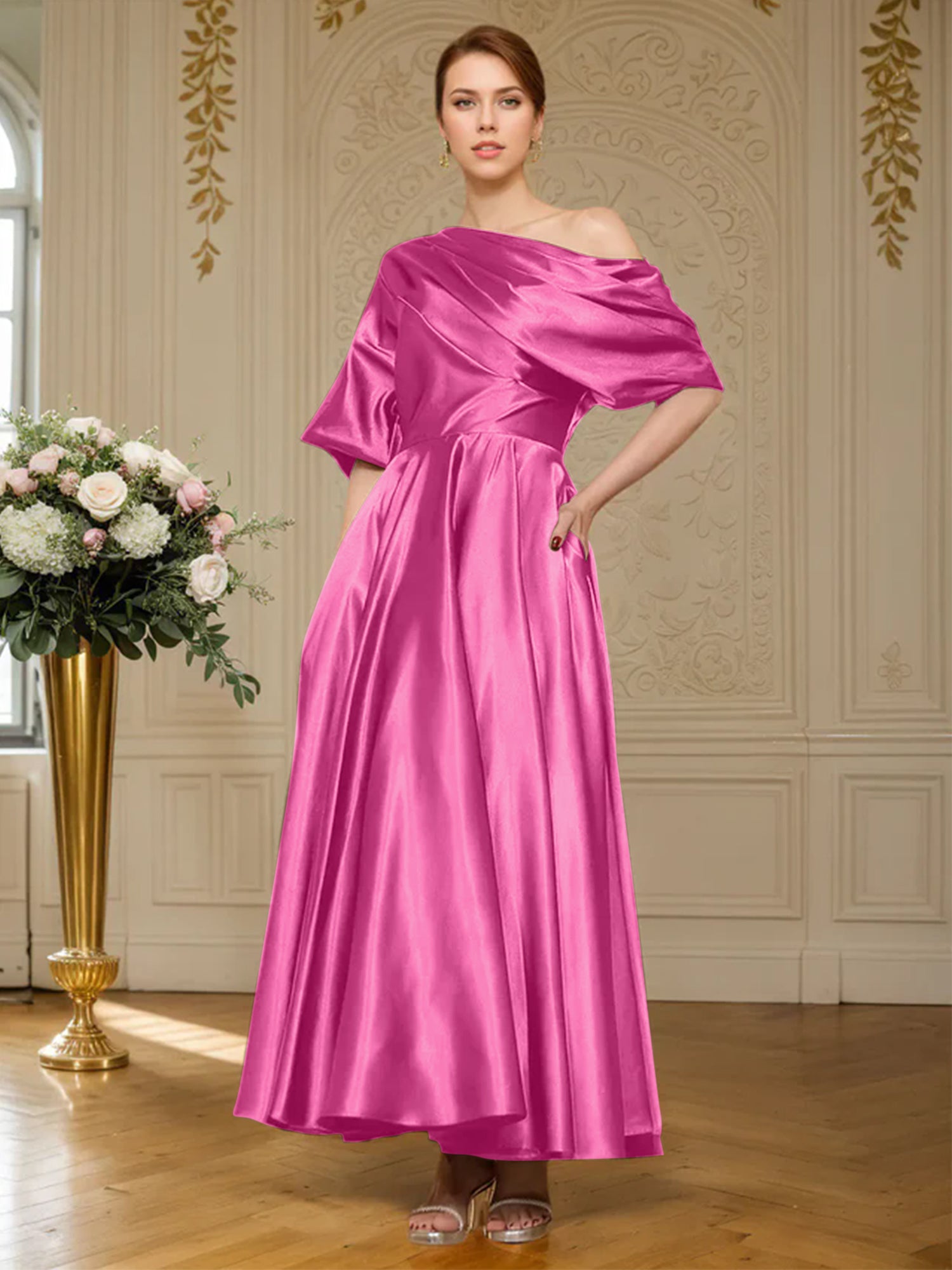 A-line Short Sleeves Pleated Ankle-Length Silk like Satin Mother of the Bride Dress