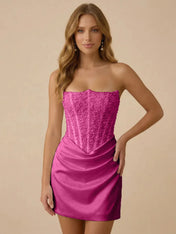 White Strapless Sequin Beaded Satin Short Homecoming Dress with Corset