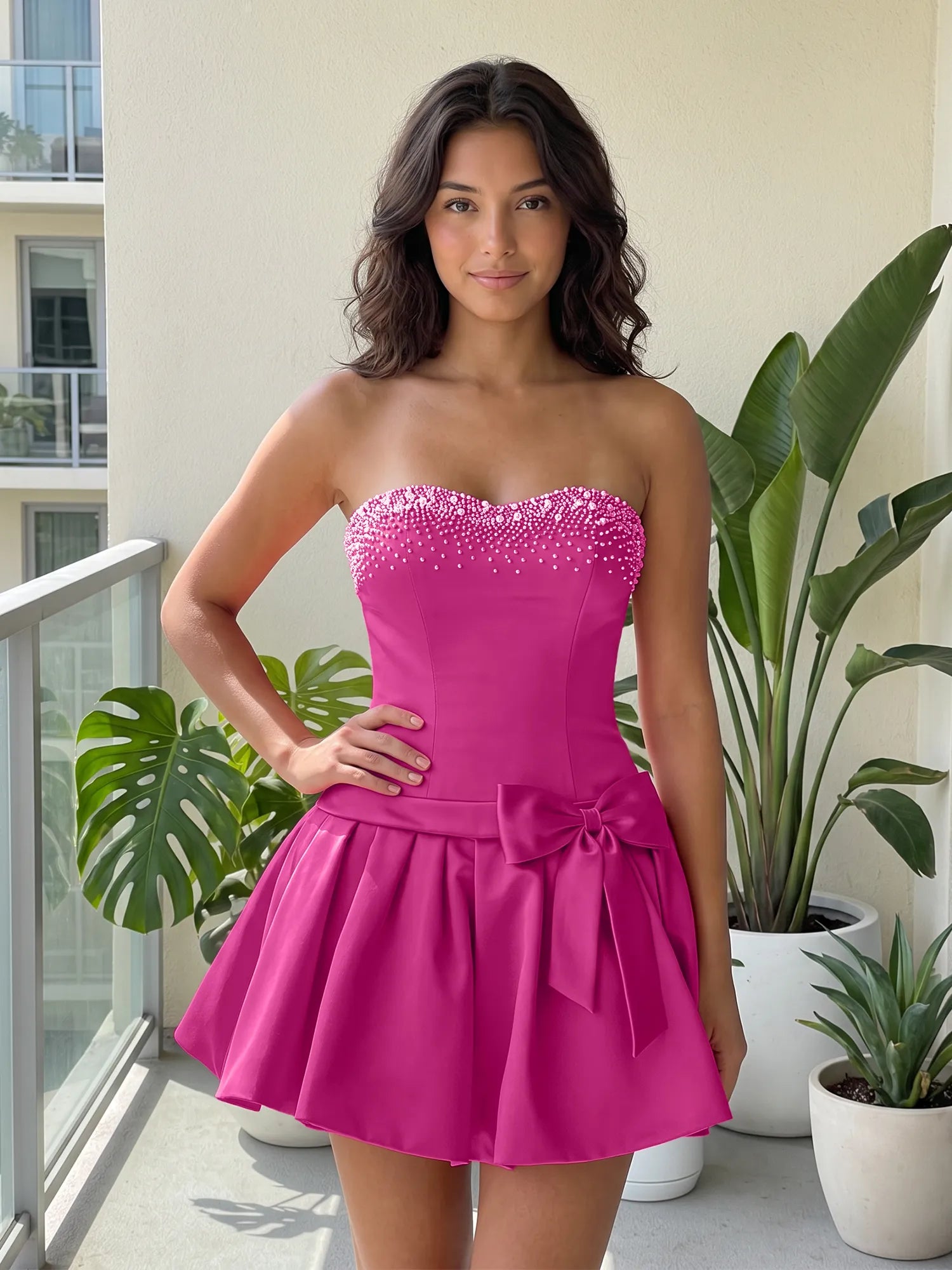 Fuchsia Pearl Corset Short Homecoming Dresses Large Waist Bow Lace Up Back