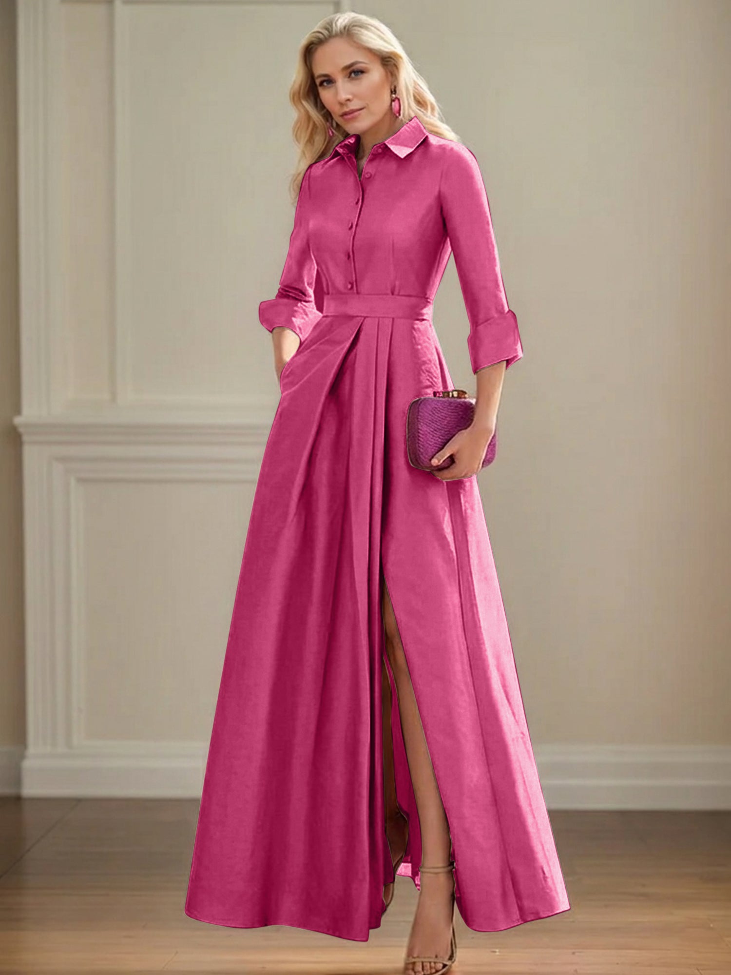 A Line High Neck 3/4 Sleeves Floor Length Mother of the Bride Dresses