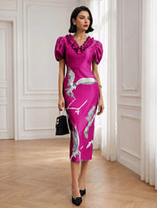 Black Folds V Neck Puff Sleeve Midi Sheath Dress