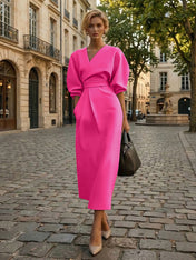Sophisticated Camel V-Neck Balloon Sleeve Midi Dress Evening Gown