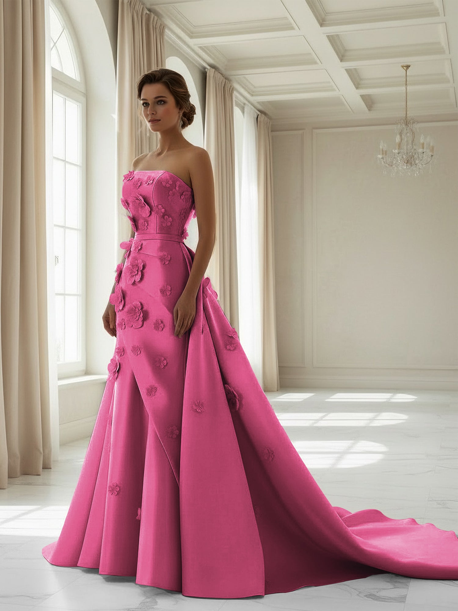 Pink A Line Satin Strapless Prom Dress with 3D Floral Appliques