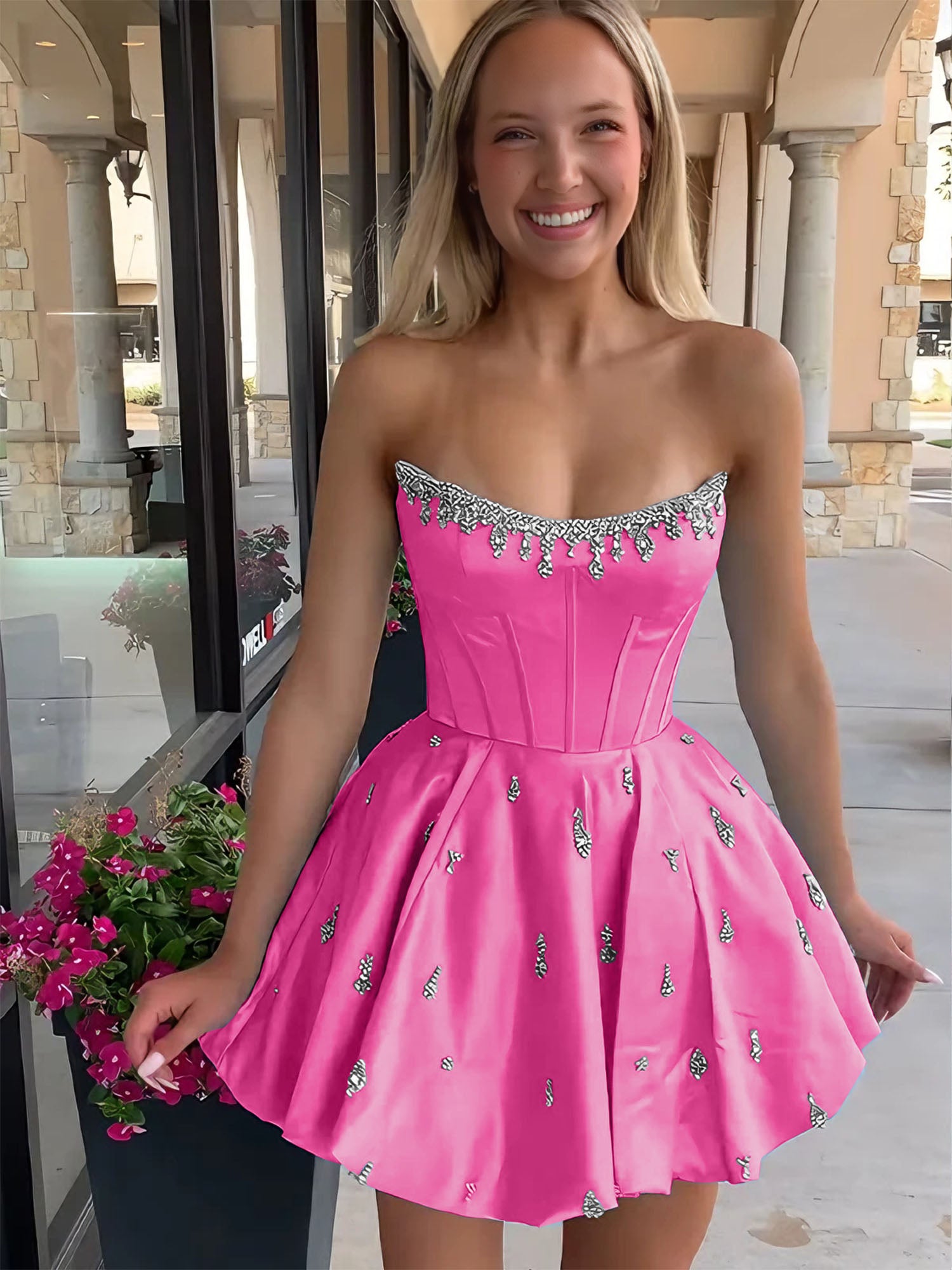 Sparkly Satin A Line Short Corset Homecoming Dress with Rhinestones