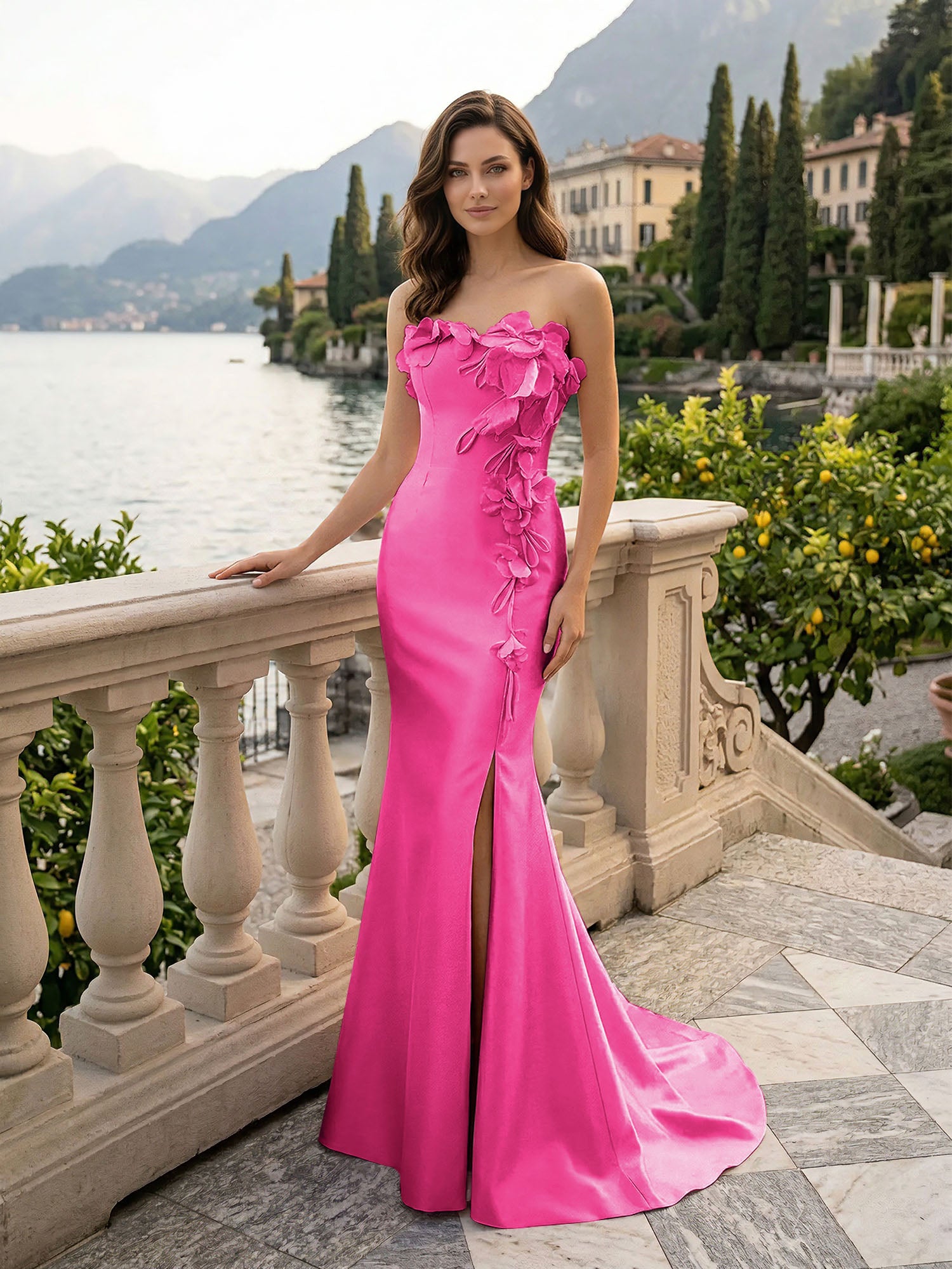 Pink Sweetheart Neckline 3D Flower Embellished Mermaid Evening Gown Maxi Dress