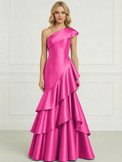 Formal Evening Dress Dark Blue One-Shoulder Satin Tiered Maxi Gown