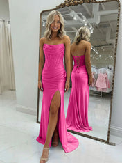 Bodycon Scoop Neck Satin Long Prom Dress with Slit