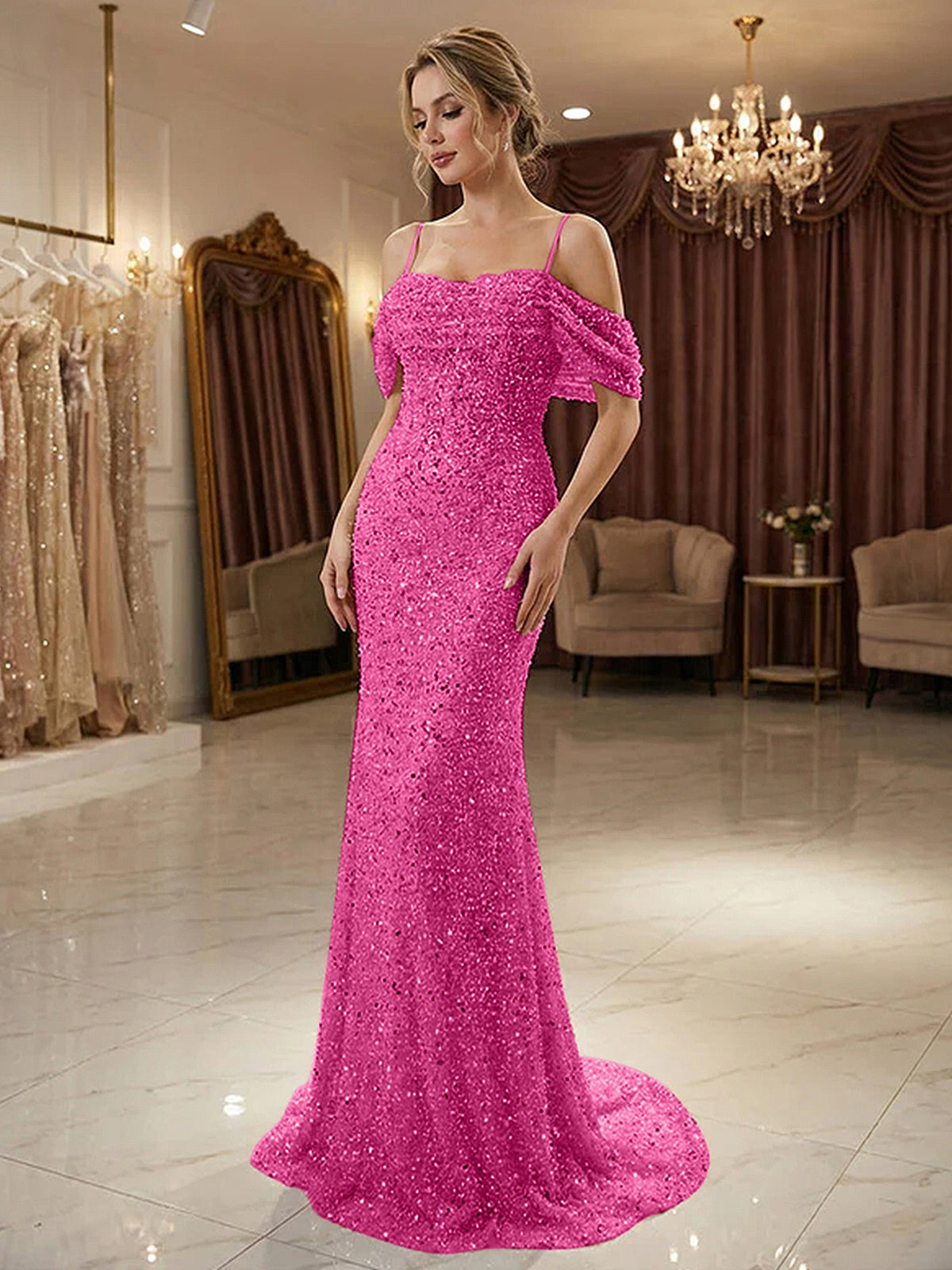 Sparkly Champagne Beaded Off-the-Shoulder Mermaid Long Prom Dress