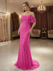 Sparkly Champagne Beaded Off-the-Shoulder Mermaid Long Prom Dress