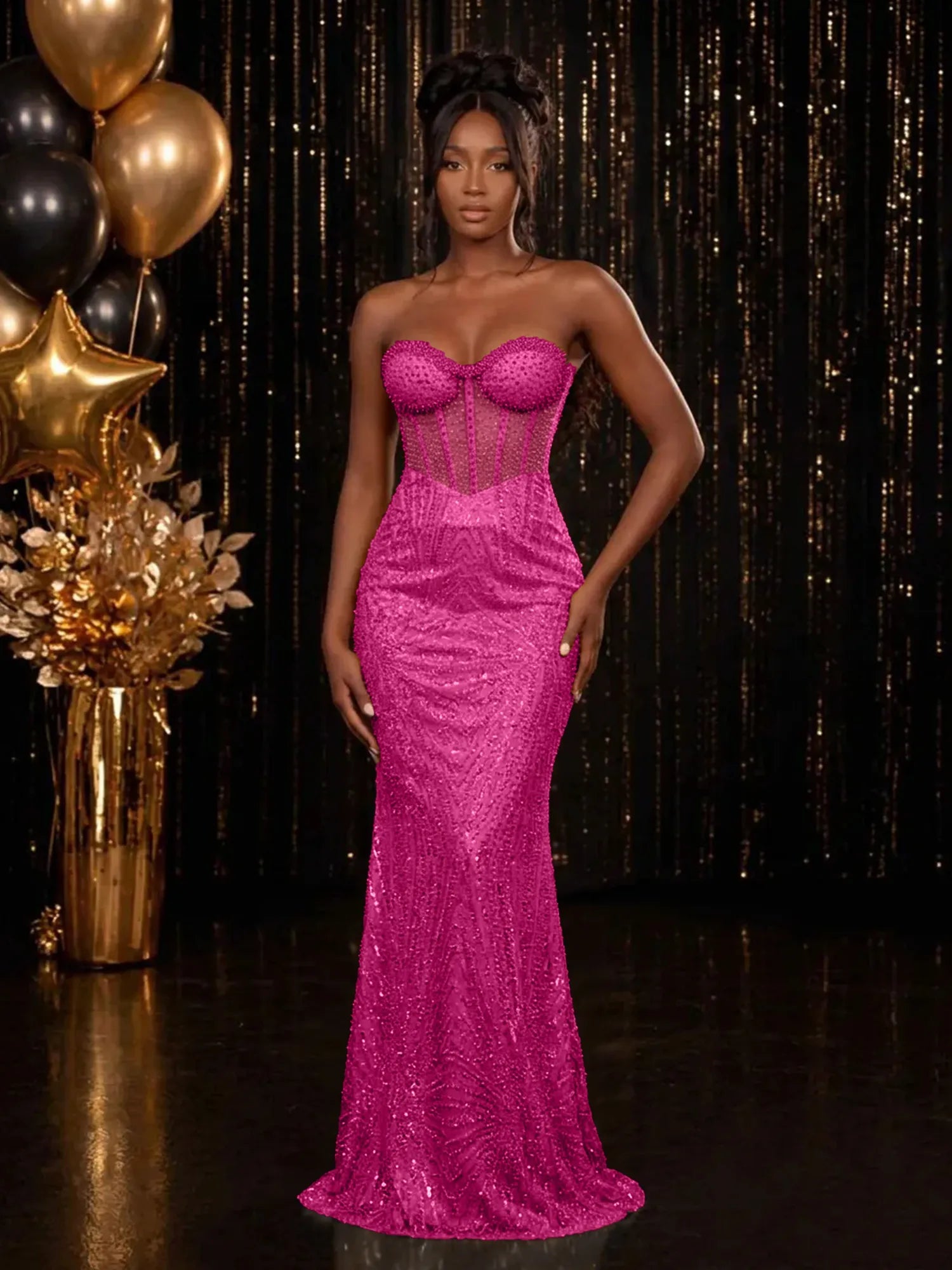 Strapless Sequin-Accented Mermaid Prom Dress with High Slit