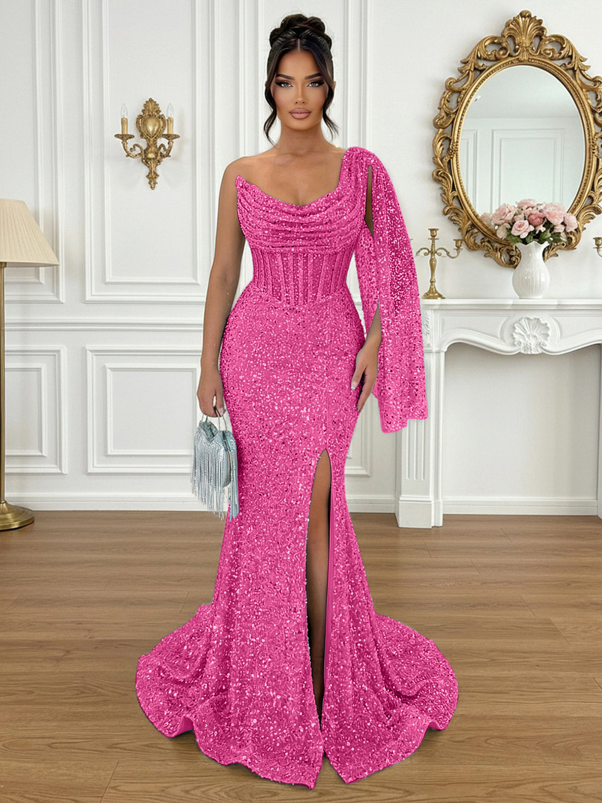 Glamorous Ice Blue One-Shoulder Sequin Corset Mermaid Prom Dresses with Slit