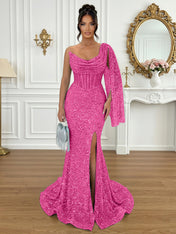 Glamorous Ice Blue One-Shoulder Sequin Corset Mermaid Prom Dresses with Slit