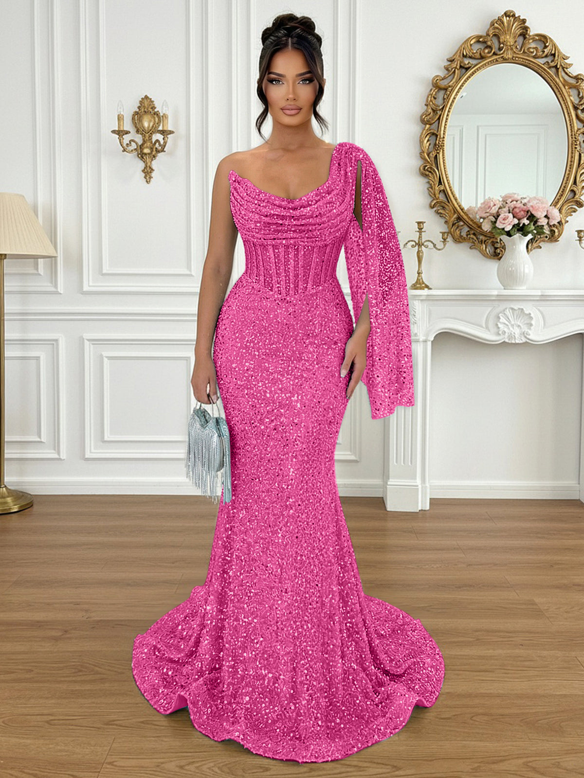 Glamorous Ice Blue One-Shoulder Sequin Corset Mermaid Prom Dresses