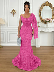 Glamorous Ice Blue One-Shoulder Sequin Corset Mermaid Prom Dresses