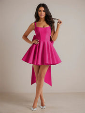 A-Line Square Neck Pleated Mini Homecoming Dress with Bow