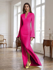 Yellow Long Bell Sleeve Mermaid Evening Gown with Asymmetric V-Neck Formal Dresses